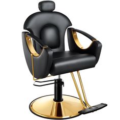 a black and gold barber chair on top of a golden pedestal with a remote control