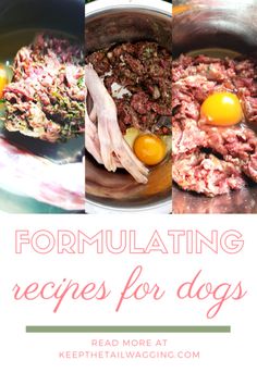 some food that is in a pan with the words, formulating recipes for dogs