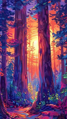 a painting of the sun shining through some trees in a forest with many colors and shapes