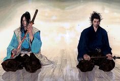 two people sitting on the floor with swords in their hands