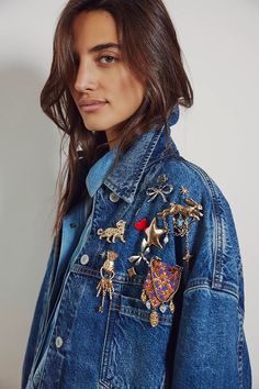 Heirloom Brooch | Free People Brooch Styling, Millennial Style, Cowgirl Accessories, Cowgirl Magazine, Metal Pendants, Embellished Denim Jacket, Metal Brooch, Millennials Fashion, Fabric Brooch