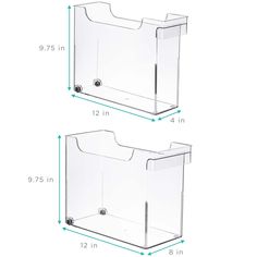 two clear plastic bins are shown with the measurements for each item in front and back