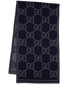 Width: 47cm Length: 180cm. Fringe trim. Logo details. All over pattern placement may vary All Over Pattern, Fringe Trim, Gucci Men, Blue Man, Scarf Wrap, Scarf Accessory, Mens Accessories, Trim, Gucci