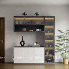 an empty room with shelves and plants on the wall, next to a potted plant