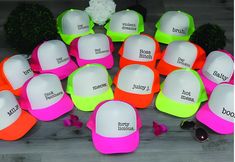 Custom Neon Party Hats, Bachelor Party Hat, Crew Hat, Personalized Team Crew, Totally Customizable Trucker Cap, Pool Party, Beach Vacation How to Place an Order 1.  Review Product Images: Please examine and review the product photos provided 2.  Select Hat Color: Choose your preferred color for the hat  3. Choose Design: Select your font style 4. Personalize Your Hat: Add your personalization details 5. Add to Cart: Click "Add To Cart" to proceed 6. Continue Shopping: Feel free to go back to add more products or proceed to checkout  Product Description: Our hats combine style and comfort seamlessly. Each hat is meticulously crafted with a 100% polyester front and mesh back, ensuring a classic yet breathable feel. Designed in the traditional 5-panel cap structure, our hats feature a seamles Fun Pink Summer Party Supplies, Summer Fun Pink Party Supplies, Fun Summer Party Mini Hats, Trendy White Mini Hat For Party, Novelty Summer Party Hats, White Summer Party Supplies, Adjustable Pink Party Supplies For Summer, Playful Mini Party Hats For Summer, Playful Mini Hats For Summer Party