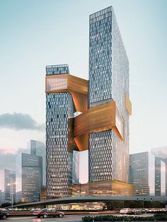 an artistic rendering of two tall buildings in the middle of a city with cars passing by