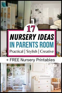 An image where there is a sample of nursery ideas in parents room with the title "17 Nursery Ideas In Parent's Room | Practical  | Stylish | Creative"
You can sign up in the blog post to get access to lots of free nursery printables. Room Share Nursery, No Nursery Solutions, Grandmas House Nursery, Corner Nursery In Bedroom Small Spaces, In Room Nursery Small Spaces, In Bedroom Nursery, Small Gender Neutral Nursery Ideas, Shared Room With Baby Parents, Nursery In Bedroom Ideas