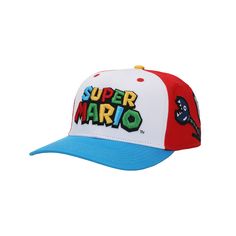 Unleash your inner gamer with this white and blue Super Mario Bros snapback hat, featuring a 3D series logo on the front and iconic characters like Bullet Bill, a star, a chain chomp, a bob-omb, and a Boo on the sides and back. Made with comfortable cotton with an adjustable snapback strap, this hat is perfect for fans of all ages. To maintain its vibrant colors and quality, hand wash it in cold water and lay it flat to dry. Super Mario Icons, Mario Icons, Chain Chomp, Super Mario Bros Games, Candy Club, Disney Couture, Emperors New Groove, Multipurpose Bag, Pet Leash