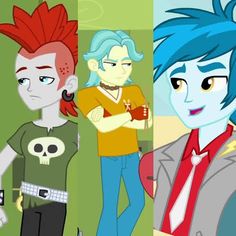 three cartoon characters with different colored hair styles