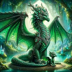 a green dragon sitting on top of a body of water