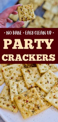 no bake easy clean up party crackers on a white plate with text overlay