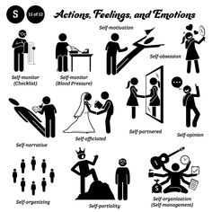 Stick figure human people man action, feelings, and emotions icons alphabet S. Self, monitor, motivation, obsession, narrative, officiated, partnered, opinion, organizing, partiality, and organization association, blood pressure, checklist, consortium, couple, discipline, group, icon, institution, list, love, man, marriage, marry, monitor, motivate, motivation, multitasking, narcissist, narrative, obsess, obsession, officiated, oneself, opinion, organization, organize, organizing, partiality, pa Cap Illustration, Graphic Icons, Self Monitoring, Self Organization, Action Verbs, Stick Figure, Clip Arts, Les Sentiments, Feelings And Emotions