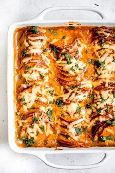 a casserole dish filled with meat and cheese