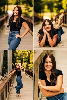 four photos of a woman posing on a bridge