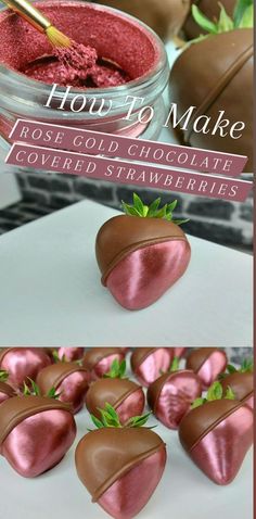 chocolate covered strawberries are in a bowl and ready to be dipped with pink frosting