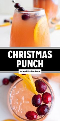 christmas punch with cranberries and orange slices on the rim, garnished with an orange slice