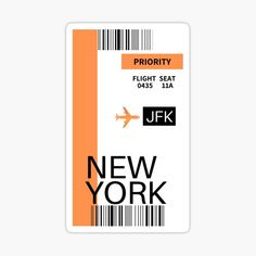 an orange and white boarding card with the name jfk new york on it sticker