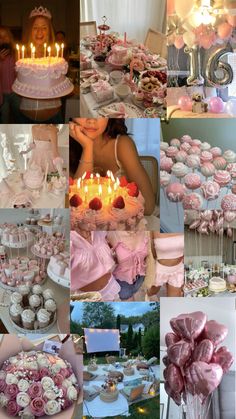 a collage of pink and white cakes, cupcakes, and other desserts