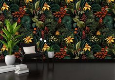 Vintage Botanical Wallpaper, Dark Botanical Wallpaper, Exotic Wallpaper, Dark Tropical, Dark Botanical, Wallpaper Peel And Stick, Vintage Botanical, Tropical Plants