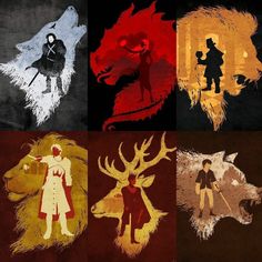 four different colored silhouettes of people and animals in the same color scheme, each with an animal's head