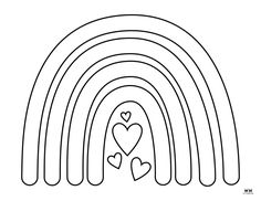 a black and white drawing of a rainbow with hearts