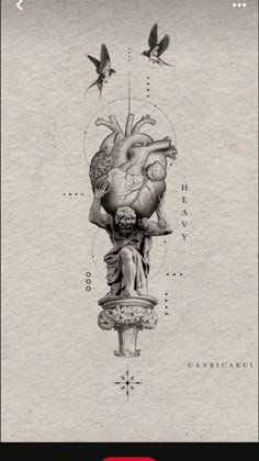 a drawing of a human heart on top of a statue with birds flying around it