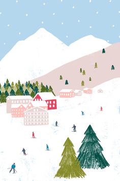 an illustration of people skiing in the snow with houses and trees behind them on a snowy day