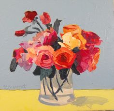 an oil painting of red and pink flowers in a glass vase on a yellow table