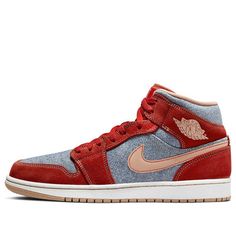 Air Jordan 1 Mid 'Denim Red' DM4352-600 (AJ1/SNKR/Retro/Mid Top/Non-Slip/Basketball/Shock-absorbing) Air Jordan 1 Denim, Jordan 1 Denim, Doudoune The North Face, Nike X Travis Scott, All Jordans, Retro Basketball Shoes, Low Air Jordan 1, Air Jordan 1 Mid Se, Jordan 10