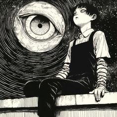 a drawing of a boy sitting on a ledge looking up at the sky with an eyeball