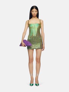 THE ATTICO ''Rue'' iridescent green mini dress Iridescent Dress, Italy Style, Iridescent Green, The Attico, Green Mini Dress, Mini Dresses For Women, Black Mini Dress, Winter 2023, Dress For Women