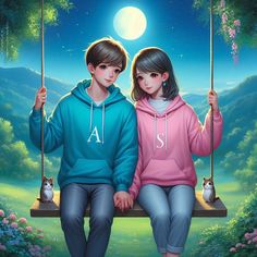 two people sitting on a swing with the moon in the background