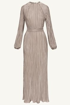 Indulge in luxury with our Stacey Satin Plisse Maxi Dress in Taupe. Crafted with slinky satin and featuring subtle balloon sleeves, this dress exudes sophistication and elegance. The removable belt adds versatility, making it perfect for both formal events and casual occasions. Elevate your style with this exclusive piece. Model is 5'7" and is wearing size XS/58". Taupe Dress Outfit, Dresses Flowy, Taupe Dress, White Dress Formal, Nikkah Dress, Engagement Dresses, Kids Outerwear, Ribbed Dresses, Basic Dress