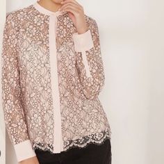 Brand New, Never Worn! Theres A Tank Attached Underneath So The Lace Is Not See-Through. Elegant Pink Lace Top Blouse, Feminine Fitted Lace Top For Workwear, Feminine Long Sleeve Lace Top For Work, Elegant Pink Lace Top, Chic Cream Lace Top, Chic Spring Lace Top For Work, Preppy Tops, Silk Long Sleeve Blouse, White Short Sleeve Blouse