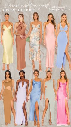 several different dresses are shown in multiple colors