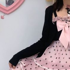 Pink Academia, Organza Material, Y2k Aesthetic Fashion, Black Halter Dress, Fairy Girl, Kawaii Clothes, Pink Polka Dots, Skirt Black, Black Cardigan