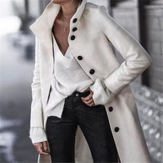 Chic Winter Coat, Woolen Coat Woman, Fall Fashion Coats, Long Overcoat, Long Sleeves Coats, Black Women Fashion, Woolen Coat, Womens Fashion For Work, Winter Coats Women