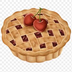 two cherries on top of a pie with latticed crust, one cherry in the middle