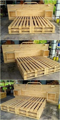 two pictures of the same bed made out of pallets and wooden slatts