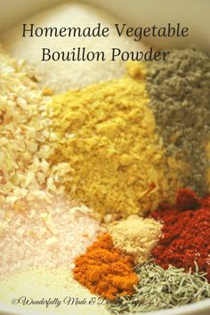 the ingredients for homemade vegetable bouilon powder in a bowl with text overlay