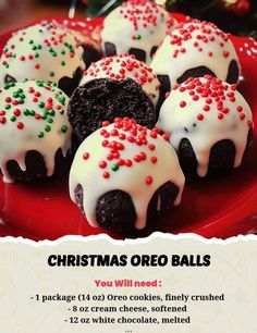 christmas oreo balls are on a red plate