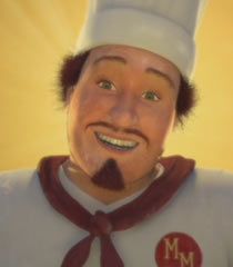 a man wearing a chef's hat and tie with his face painted to look like he is smiling