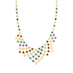 Ross-Simons - 22.70ct t. w. Multi-Gemstone Bib Necklace Over Sterling. 20". It's your time to shine! Bask in an eye-catching cascade of color and shine. Our fabulous bib necklace features a flexible design bright with 22.70 ct. tot. gem wt. round gems of citrine, amethyst, peridot, garnet and London blue topaz. Set in polished 18kt yellow gold over sterling silver. Graduates from 3/16" to 1 3/4" wide. Curb chain. Lobster clasp, multi-gemstone bib necklace. Garnet birthstones are the perfect gift Garnet Birthstone, Peridot Stone, Fine Jewelery, Sterling Jewelry, Citrine Stone, Garnet Stone, Flexible Design, London Blue Topaz, Bib Necklace