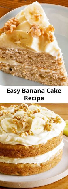 banana cake with cream cheese frosting and walnuts on top, then topped with bananas