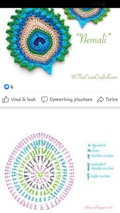 two crocheted doily designs, one with a blue and green design