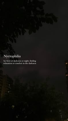 the sky is dark and there are buildings in the background with text that reads, nycophila