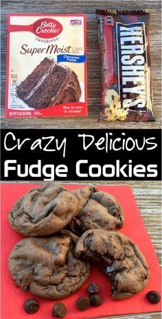 some cookies and chocolate chips are on a red napkin with the words crazy delicious fudge cookies