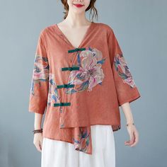 Buddhatrends Kim Floral Linen Oversized Blouse Asymmetrical Cut, Keep It Cool, White Linen Pants, Perfect Summer Outfit, Batik Fashion, Oversized Blouse, Asymmetrical Tops, Model Fashion, Asymmetrical Design