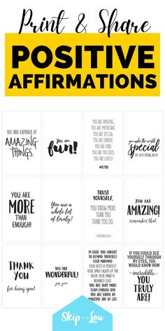 the print and share positive affirmations are shown in black, yellow, and white