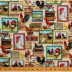 chickens and roosters are on the farm in this multicolored cotton material fabric